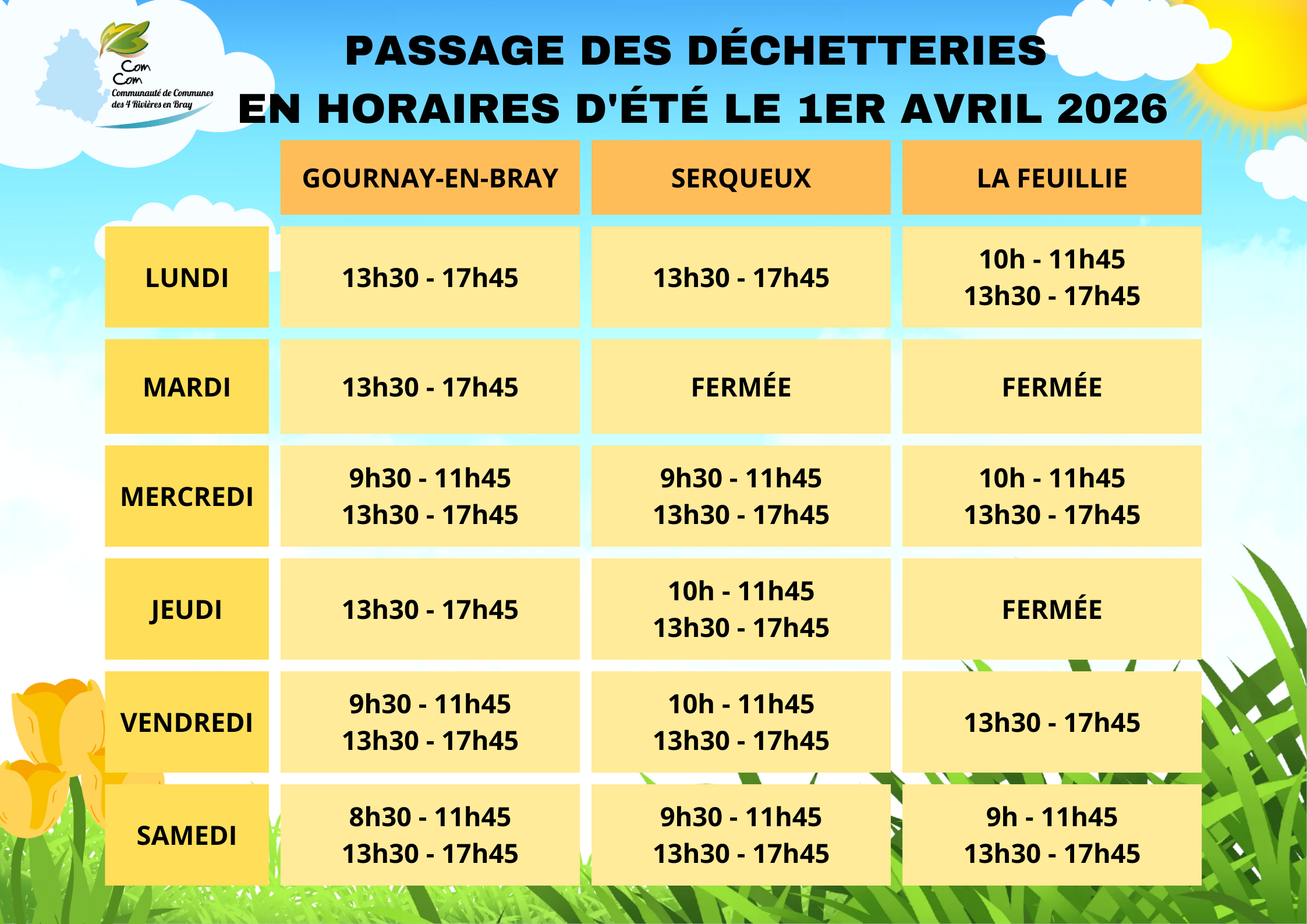 Horaires d&rsquo;été déchetteries SIEOM 2026