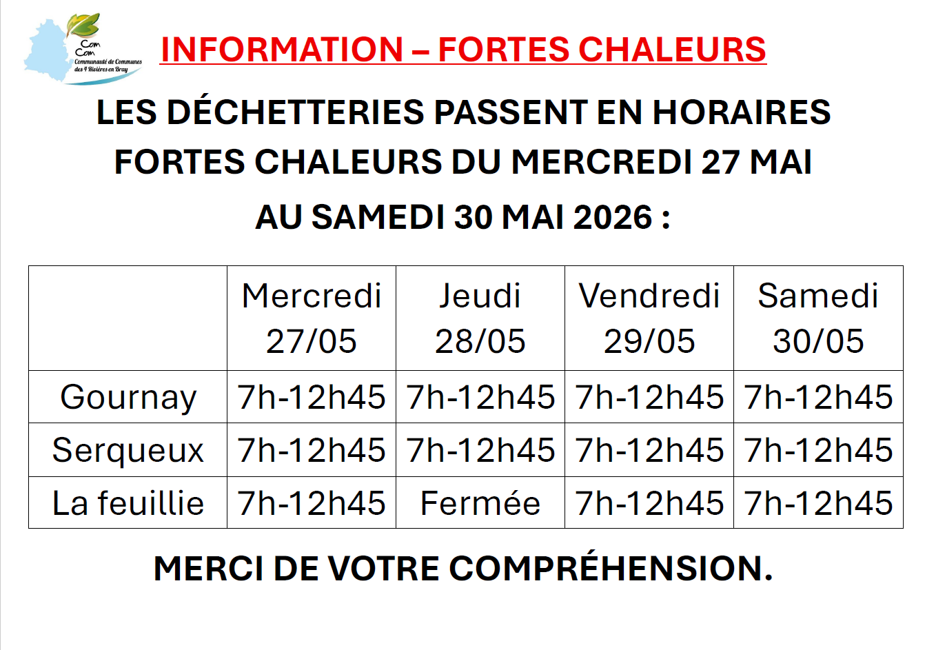 horaires fortes chaleurs du 27 au 30 mai 2026