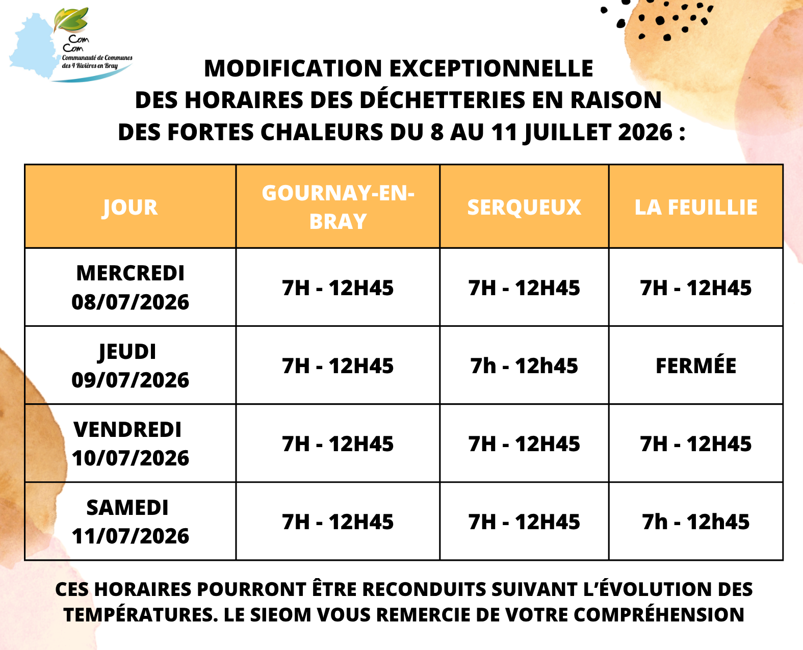Horaires fortes chaleurs du 8 au 11 juillet 2026